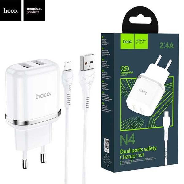 Сетевое З/У HOCO N4 2USB 2.4A с кабелем Lightning белый (1/12/120)