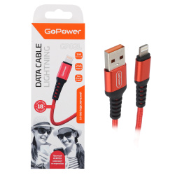 Кабель GoPower GP02L USB (m)-Lightning (m) 1.0м 2.4A нейлон красный (1/200/800)